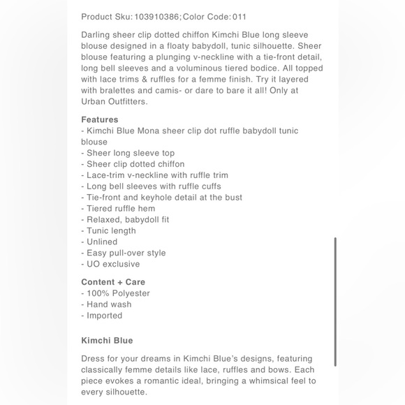 KIMCHI BLUE Bohemian Sheer Ivory Babydoll Tunic Top, M, NWT just beautiful - Picture 4 of 6